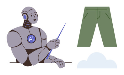 Humanoid AI robot holding pointer gestures toward pants and cloud, symbolizing creativity, design, problem-solving, futuristic innovation, education, technology advancements, artificial intelligence