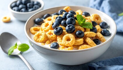 Breakfast Bowl - Cereal, Blueberries, and Mint for a Healthy Start.