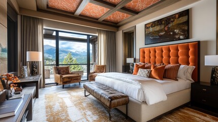 A contemporary penthouse master suite showcasing a bold king bed, warm wooden hues, and a ceiling with layered designs.