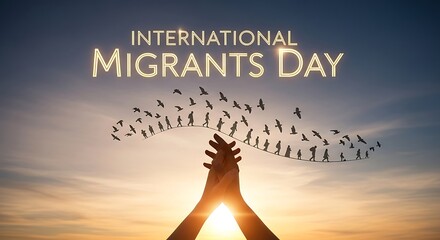 International migrants day concept with people birds and hands in the sky background image design