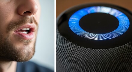 Man speaking and smart speaker device closeup