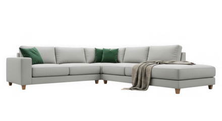 Comfortable gray sectional sofa with green pillows isolated on transparent background