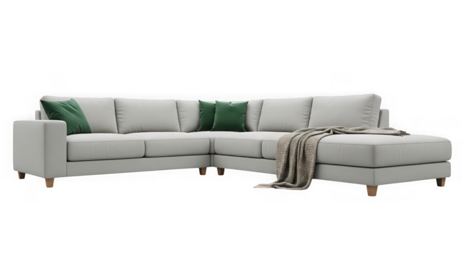 Comfortable gray sectional sofa with green pillows isolated on transparent background
