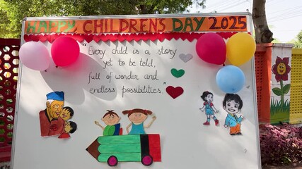 happy childrens day celebration art on classroom board with balloons and drawings