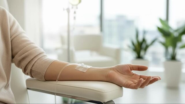 A woman receives intravenous IV drip therapy in a modern wellness clinic. Close-up on patient's arm with a catheter during a vitamin infusion treatment. Healthcare and recovery concept