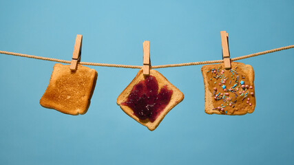 Toast slices with toppings hanging on rope against blue background. Concept of breakfast campaigns,...