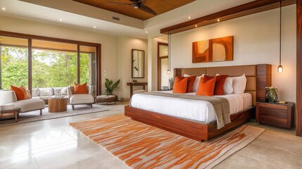A contemporary penthouse sanctuary featuring a bold king bed, natural wood tones, and an elegant seating area.