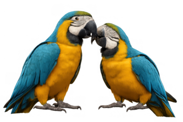 Pair of blue and yellow macaws showing affection, mating, bonding, and love on a transparent background