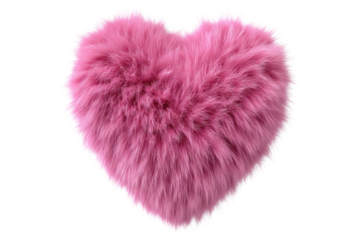 Fluffy pink heart shaped pillow with soft fur texture isolated on black image, Isolated On Transparent Background, Png Cut Out