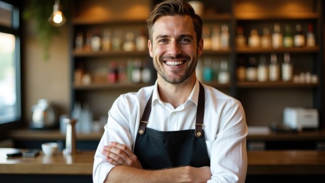 A person wearing an apron stands behind a bar, ready to serve