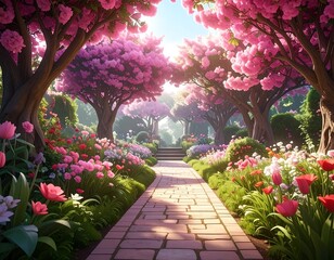 A stone path leads through a vibrant garden, lined with blooming pink trees and a variety of colorful flowers