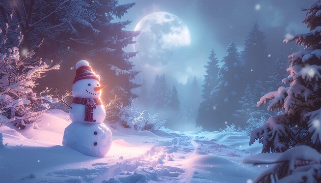 Enchanting winter scene with a merry christmas snowman, snow-covered trees, and a glowing full moon, perfect for holiday greetings