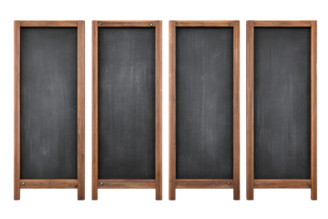 Four wooden framed black chalkboards standing side by side blackboard, Isolated On Transparent Background, Png Cut Out