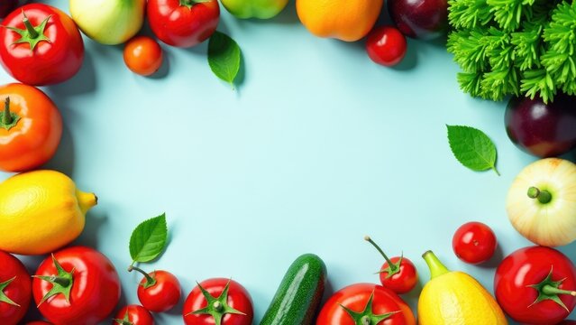 A colorful arrangement of fresh produce in a circular pattern, ideal for food photography or as a visual aid for nutrition information - Powered by Adobe