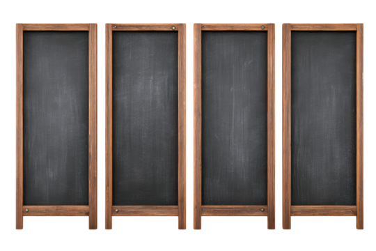 Four wooden framed black chalkboards standing side by side blackboard, Isolated On Transparent Background, Png Cut Out - Powered by Adobe