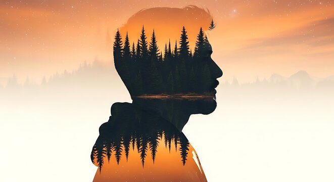 Man's silhouette showcases pine forest and lake against a soft orange sunset backdrop