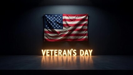 American flag with Veteran's Day illuminated sign, honoring military veterans with patriotic respect. - Powered by Adobe