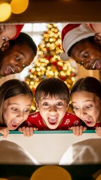 Diverse children opening a glowing Christmas gift box. Vertical video of kids looking inside with surprise and joy. Holiday magic and childhood wonder concept