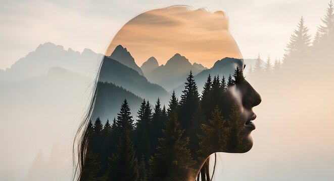 Profile portrait showcases an overlapping of misty mountains and trees evoking introspection and nature