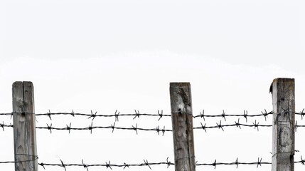 A close-up of a barbed wire fence with wooden posts against a plain white background. The scene conveys a sense of confinement and separation.