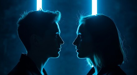 Silhouetted faces of a man and woman gaze at each other in striking blue lighting
