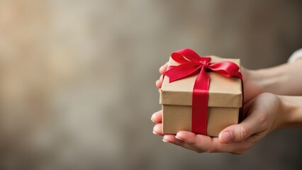 A person holding a wrapped gift box with a red bow, suitable for birthdays, holidays or everyday use