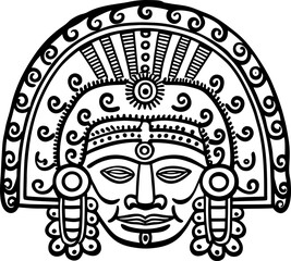Obraz premium Intricate aztec inspired mask illustration ancient tribal face, ornamental headdress, indigenous art line drawing