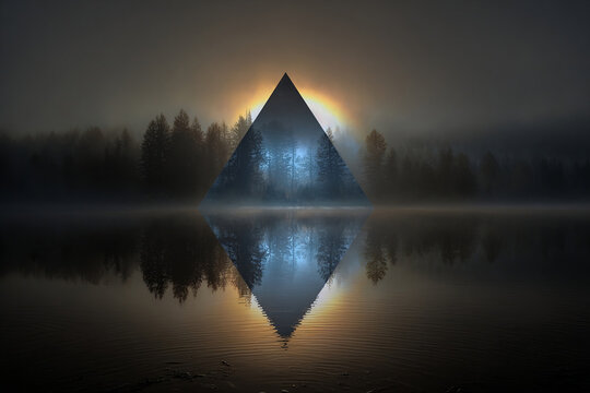 Mystical Mirror Lake With Glowing Triangular Portal Reflections At Dusk Over Calm Water