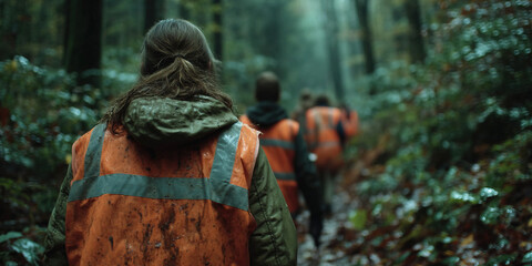 Volunteers work together to clean up garbage in a lush forest trail during environmental initiative