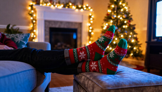 Cozy holiday scene featuring festive socks with snowflake patterns, relaxed feet on a couch, illuminated Christmas tree, and warm fireplace ambiance creating a joyful atmosphere