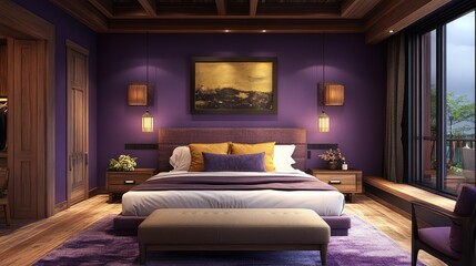A cozy and artistic modern bedroom with a queen-size bed, rich lavender walls, and rustic wooden finishes, combining warmth with elegance.