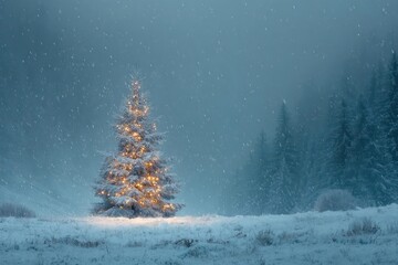 A solitary snow covered evergreen tree glows with warm festive lights in a serene winter forest at dusk