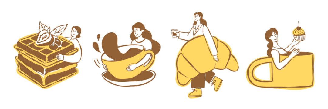 Fun characters holding coffee and pastry. Minimal hand drawn illustrations for postcards, menu, brand identity, logo design.