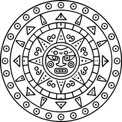 Aztec sun stone circular symbol with intricate geometric design and facial motif ancient tribal ethnic pattern illustration