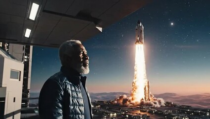 national science fiction day man witnesses futuristic rocket launch into starry night