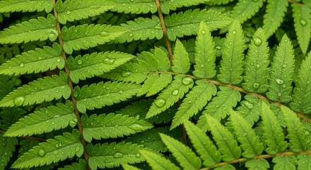 Close-up view of vibrant green fern fronds with water droplets clinging to the leaves.