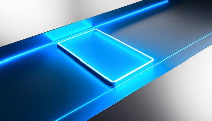 Futuristic digital panel with glowing blue surface and white-lit rectangular center, surrounded by sleek linear accents.