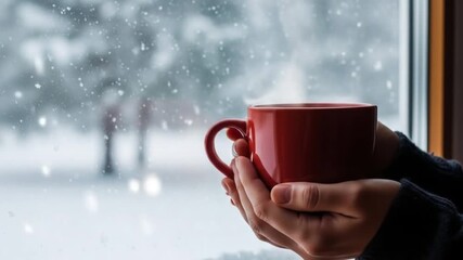 Hands holding warm red mug beside snowy window creating cozy peaceful winter indoor atmosphere. Lifestyle concept