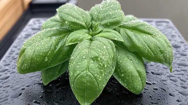Fresh green basil leaves with water droplets resting on a dark wet surface outdoors.