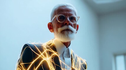 An elderly man exudes confidence and wisdom, adorned with glowing lines of light, capturing a unique blend of modern elegance and timeless charm in a serene environment.