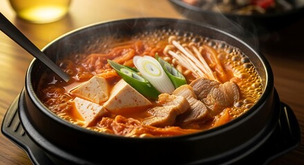 Fototapeta premium Steaming Hot Korean Kimchi Stew with Tofu and Pork.