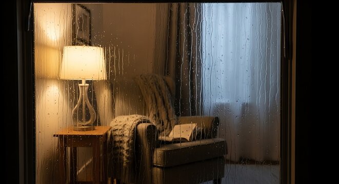 Rainy window view cozy interior lamp chair