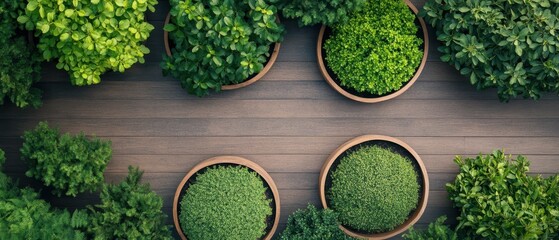 Green lush plants in pots arranged on a wooden surface, simulating a garden.