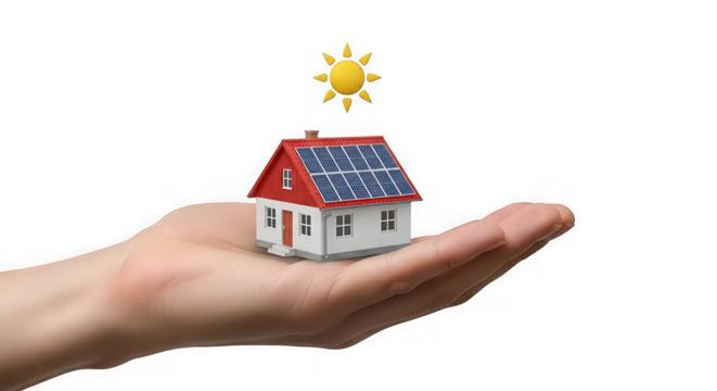 A miniature house with solar panels held in a hand isolated on transparent background