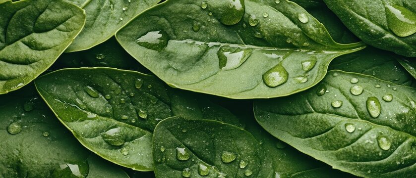Fresh green spinach leaves with water droplets, close up, healthy natural growth, garden greens, organic produce, vibrant nature texture - Powered by Adobe