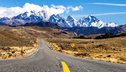 Scenic Road to Snow-Capped Mountains in Patagonia, Argentina.