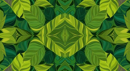 Symmetrical pattern of stylized green leaves, creating a vibrant, repeating design.