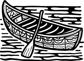 Wooden canoe and single paddle floating on calm water vintage hand drawn illustration, outdoor adventure scene