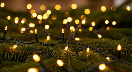 Close-up of Christmas lights illuminating evergreen branches with bokeh effect in the background.