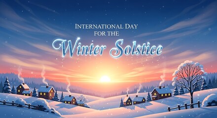 International winter solstice day celebration with snow covered houses and trees landscape design art